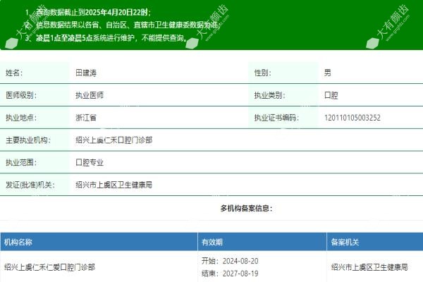 绍兴上虞仁禾囗腔医院田建涛怎么样