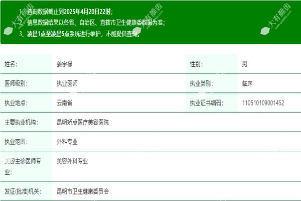 昆明娇点姜宇禄医生怎么样