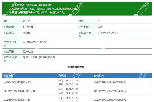 三亚鼎点囗腔医院刘文彤简历